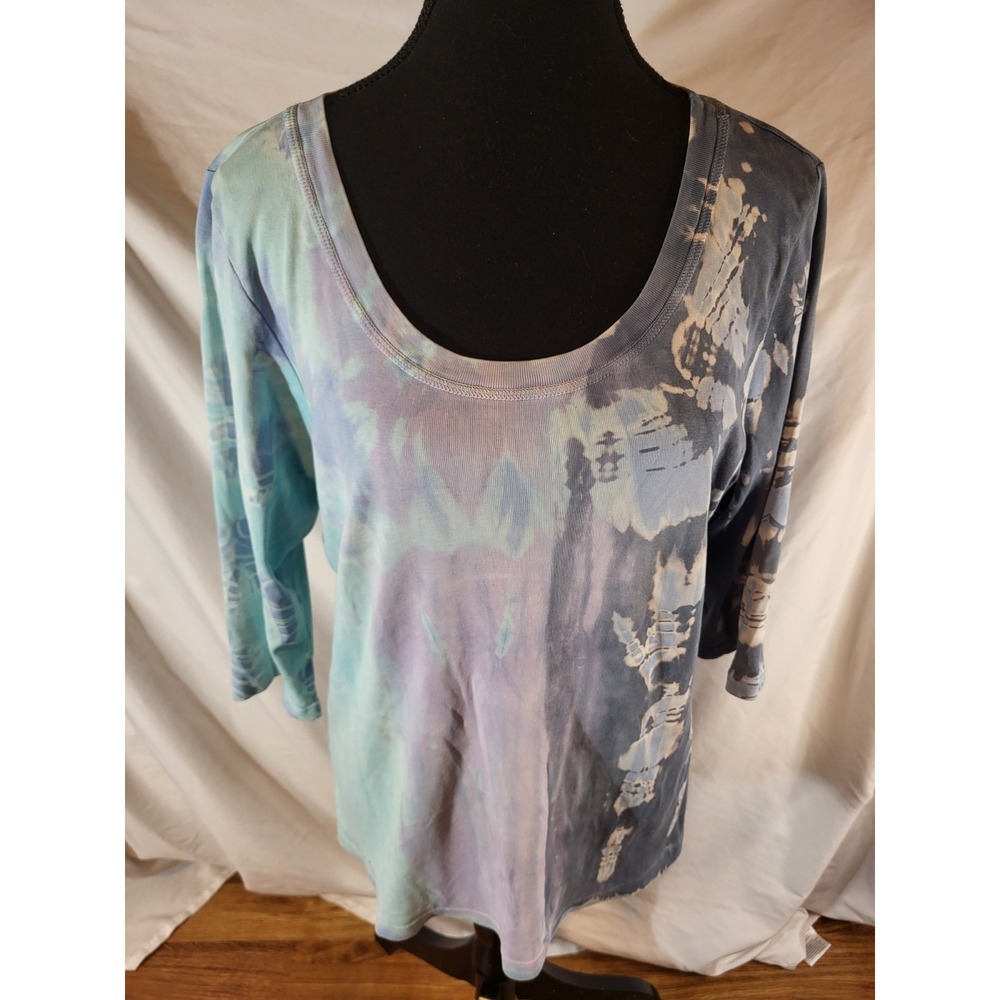Glima Women's Shirt XL Tie Dye Scoop Neck 3/4 Sleeve Blue Grunge Distressed